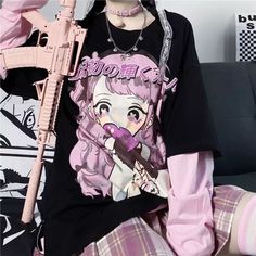 Cute Aesthetic Black Anime Girl Cartoon Print Long Sleeve Shirt Oversized Loose T-shirt Top Goth E-Girl Kawaii Korean Japanese Harajuku Streetwear sold by TeddyLoveEve on Storenvy Closet Upgrade, Retro Summer Outfits, Gothic Casual, Harajuku Pink, Purple Anime, Long Sleeve Streetwear, Egirl Clothes, Harajuku Women, Girl Silhouette