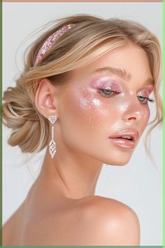 Pink Shades Makeup, Light Shimmer Makeup, Shimmer Makeup Look Sparkle, Full Face Glitter Makeup, Glitter Fantasy Makeup, Pink Toned Makeup, Fairy Costume Makeup Glitter, Glitter Makeup Pink, Fairy Themed Makeup