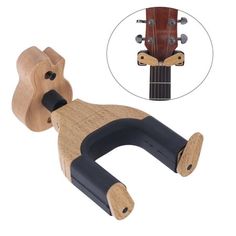 a wooden guitar holder with black handles