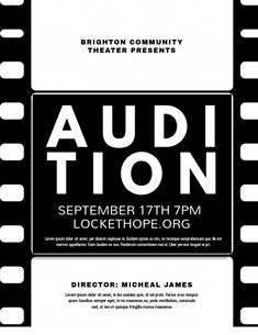 an event poster for the london community theatre's production of audio on, featuring black and white film strips