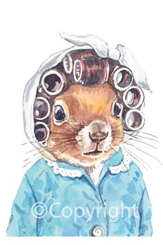 Watercolour painting of a squirrel wearing hair curlers and a housecoat Squirrel Painting, Squirrel Illustration, Kittens Coloring, Granny Style, Squirrel Print, Crayon Drawings, Pastel Crayons, Pen Illustration, House Coat