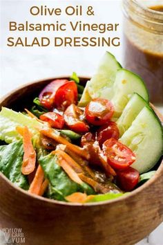 a wooden bowl filled with salad dressing and cucumber in the background text reads olive oil & balsamic vinegar salad dressing