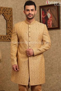 Latest Sherwani Pakistani for Wedding Online in Stylish design embellished with bead sequence. This Sherwani is looking so beautiful and best choice for groom for wedding event. Sherwani: The Yellow color wedding sherwani has the elegant ornamentation and embellished floral pattern print. This sherwani made of bead and sequence work on overall with Pearl brooch and metallic buttons on neckline. Pakistani dulha dress for groom fabric is silk. Pajama: Latest Sherwani Pakistani for Wedding Online i Sherwani Pakistani, Floral Pattern Print, Wedding Sherwani, Silk Pajama, Color Wedding, Sequence Work, Floral Prints Pattern, Online Wedding, Pearl Brooch