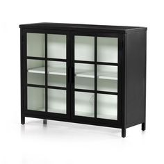 a black and white cabinet with glass doors