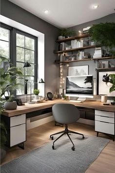 a home office with lots of plants on the desk and shelves in front of it