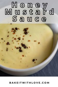 honey mustard sauce in a white bowl with text overlay