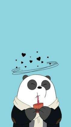 a panda holding a drink with hearts floating above it