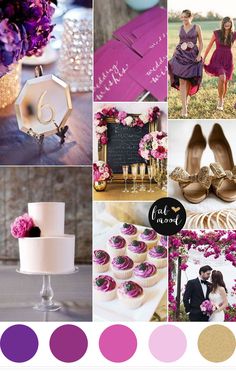 purple and gold wedding color scheme for the bride's dress, shoes, cake