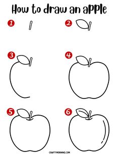 how to draw an apple for kids with pictures on the front and side, including four different