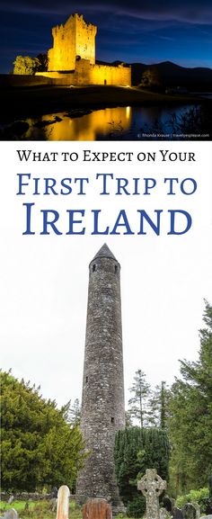 the cover of what to expect on your first trip to ireland, with an image of a tower in the background