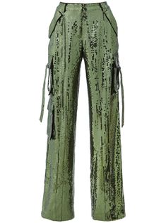 green sequin embellishment two side welt pockets side cargo pocket two rear flap pockets mid-rise straight leg Sequin Trousers, Sequin Embellishment, Versace Outfit, City Dress, Fashion Life, Green Sequins, Cargo Pocket, Summer Beach Wear, Straight Leg Pants