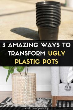 a stack of black plastic pots sitting on top of a wooden floor