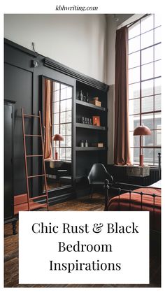 Modern bedroom with rust and black decor, featuring a large mirror, bookshelves, and tall windows.