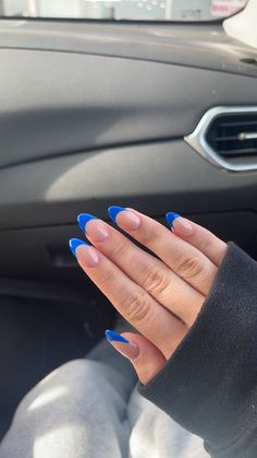 Gel Nail Ideas French Tips, Cute Nails Royal Blue, Blue French Tip Nails Almond Shape, Almond Shape Blue French Tip, French Nails Royal Blue, Almond Acrylic Nails French Tips Color, Royal Blue Almond French Tip, Royal Blue Nails Tips, Dark Blue French Tips Almond