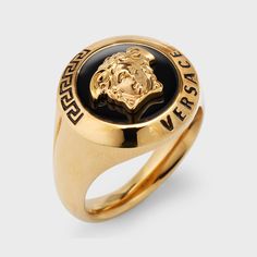 Elevate your style with the bold and iconic Medusa Ring in Gold from Versace. Crafted with gold-tone hardware and detailed with the signature Medusa plaque and Greca design, this ring exudes luxury and sophistication. Make a statement and add a touch of glamour to any outfit with this elegant accessory. Luxury Rings With Polished Finish, Classic Formal Jewelry With Gold-tone Logo, Classic Formal Jewelry With Gold-tone Logo Plaque, Timeless Formal Jewelry With Gold-tone Logo Plaque, Classic Gold-tone Logo Plaque Jewelry For Formal Occasions, Designer Polished Gold Rings, Designer Gold Ring With Polished Finish, Designer Gold Rings With Polished Finish, Luxury Gold-tone Jewelry For Anniversary