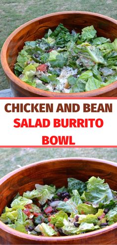 chicken and bean salad burrito bowl with lettuce, tomatoes, black olives in it