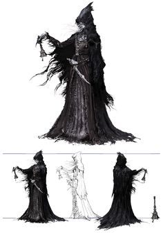 some black and white drawings of people dressed in witches costumes with long hair, standing next to each other