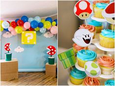 some cupcakes and balloons in a room