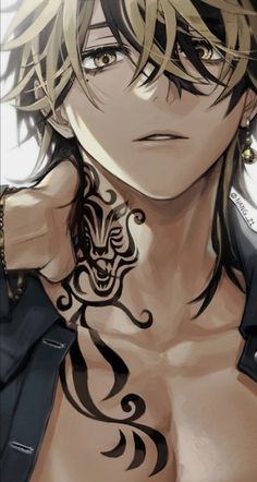 an anime character with tattoos on his chest