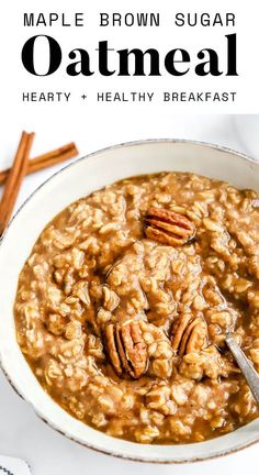 maple brown sugar oatmeal in a white bowl with pecans