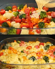 broccoli, cauliflower and tomatoes are mixed together in a casserole dish