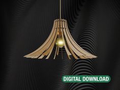 a large wooden light fixture hanging over a black background with the words digital download above it