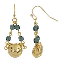 Celebrate a delightful and playful feline with this set of earrings from 1928. Featuring cat charms suspended on gold-tone chains adorned with fashionable blue beads, this is the perfect pair for any cat lover. Celebrate a delightful and playful feline with this set of earrings from 1928. Featuring cat charms suspended on gold-tone chains adorned with fashionable blue beads, this is the perfect pair for any cat lover. EARRING DETAILS Length: 1.6 in. Backings: fishhook Metal: alloy Plating: gold Blue Crystal Beads, Whimsical Jewelry, 1928 Jewelry, Vintage Inspired Jewelry, Cat Jewelry, Inspired Jewelry, Gold Dipped, Wire Earrings, Jewelry Companies