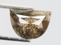 a large brown diamond sitting on top of a piece of metal with a needle in it's mouth