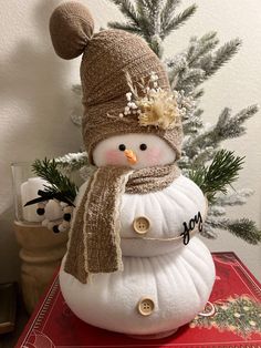 a snowman with a hat and scarf on top of it