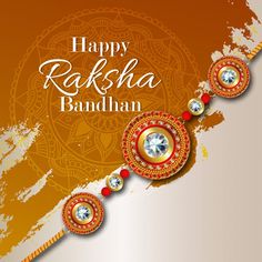 happy rakha bandhan greeting card with gold and red beads on an orange background