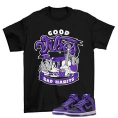 Vibes Dunk High Psychic Purple Sneaker Matching Tee Shirt  The unisex heavy cotton tee is the basic staple of any wardrobe. It is the foundation upon which casual fashion grows. All it needs is a personalized design to elevate things to profitability. The specially spun fibers provide a smooth surface for premium printing vividity and sharpness. No side seams mean there are no itchy interruptions under the arms. The shoulders have tape for improved durability. .: 100% cotton (fiber content may vary for different colors) .: Medium fabric (5.3 oz/yd² (180 g/m .: Classic fit .: Tear-away label .: Runs true to size Our custom designs are printed on Gildan t-shirts/sweatshirts. This is a custom item. We do not start production on this item until you make your purchase. *Please message us before Urban Purple Cotton T-shirt, Urban Style Purple Cotton T-shirt, Casual Purple T-shirt For Streetwear, Purple Casual T-shirt For Streetwear, Purple Relaxed Fit T-shirt For Streetwear, Pre-shrunk Purple Shirt For Streetwear, Purple Letter Print Shirt For Streetwear, Purple Cotton T-shirt For Streetwear, Purple Cotton Shirt For Streetwear