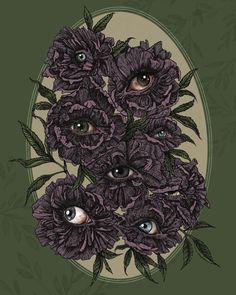 two eyes are surrounded by purple flowers