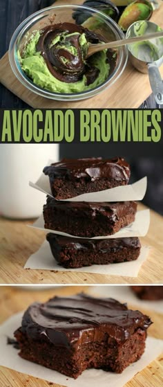 chocolate brownies with avocado frosting on top and in the background, there are two pictures