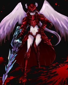 an anime character dressed in red and white with wings on her body, holding a knife