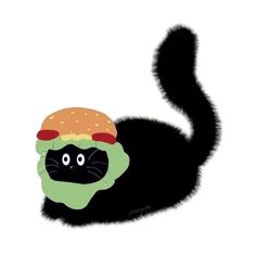 a black cat with a hamburger on its head