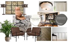 a collage of office furniture and decor in shades of brown, white, and beige