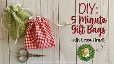 three small gift bags tied with twine and some scissors next to them on a white wooden background