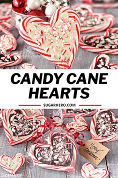 some candy cane hearts on a table with the words candy cane hearts overlaying them