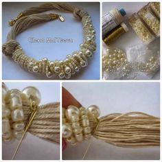 the instructions for making beaded bracelets with pearls and gold beads are shown in three different pictures