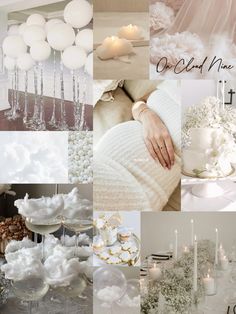 a collage of white wedding decorations and candles