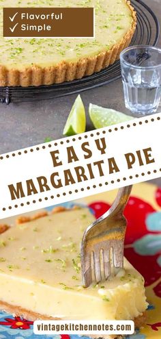 a slice of margarita pie on a plate with a fork in it and the text easy margarita pie