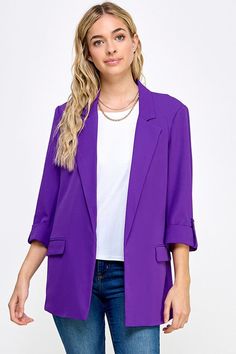 Purple 3/4 rolled sleeve blazer with front pockets 100% Polyester Spring Career Blazer In Solid Color, Career Blazer With Pockets, Spring 3/4 Sleeve Business Casual Blazer, Trendy Business Casual Blazer With Pockets, Single-button Career Blazer For Spring, Casual Half Sleeve Fall Outerwear, Casual Blazer With Lapel Collar For Career, Fall Outerwear With Pockets And 3/4 Sleeve, Business Casual 3/4 Sleeve Fall Outerwear