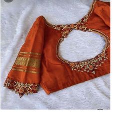 Simple Neck Works For Blouses, Blouse Back Neck Designs For Silk Sarees, All Over Maggam Work Designs, Orange Blouse Maggam Work Designs, Simple Maggam Works, Orange Blouse Designs, Simple Work Blouse Designs, Simple Embroidery Designs Blouse