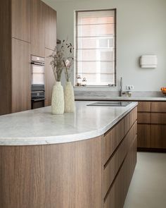 two vases with flowers sit on the counter top in this modern, clean kitchen