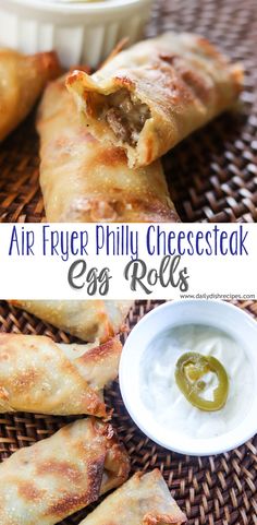 air fryer philly cheesesteak egg rolls with dipping sauce on the side