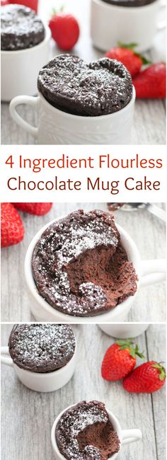 chocolate mug cake with powdered sugar on top and strawberries in the back ground