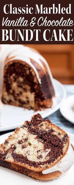 a chocolate marbled vanilla and chocolate bundt cake on a white plate with a slice cut out