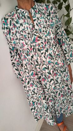 Cotton tunic Vacation Floral Print Tunic Kurta, Vacation Tunic Kurta With Floral Print, Multicolor Long Sleeve Tunic For Beach, Beach Dresses In Cotton With Split Neck, Multicolor Kurta For Beach And Spring Season, Bohemian White Tunic For Loungewear, Spring Vacation Kurta With Floral Print, Beach Long Sleeve Kurta With Floral Print, Spring Vacation Floral Print Kurta