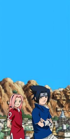 two anime characters standing next to each other in front of a blue sky and mountains