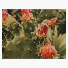 a jigsaw puzzle with red flowers on the top and green leaves in the background